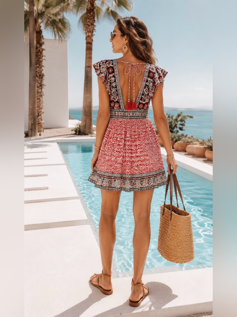 Anthropologie Beaded Embroidered Flutter Sleeve Open Back Mini Dress Boho Sz 14